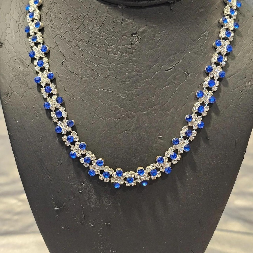 Silver Tone Blue Clear Rhinestone Crisscross Choker Necklace Prom Formal Wedding